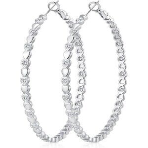 925 Silver-60mm Heart Cubic Zirconia Large Rhinestone Hoop Earrings for Womens